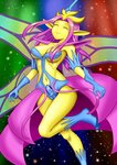 breasts camel_toe clothed clothing eyes_closed female hair humanoid_pointy_ears long_hair navel nipple_outline not_furry pink_hair pointy_ears smile solo wings yellow_body miyami_kyoko terraria empress_of_light humanoid absurd_res hi_res