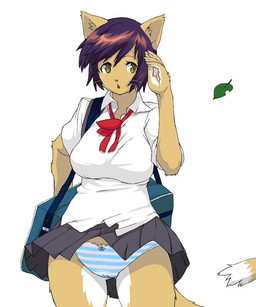 anthro bottomwear bow_panties bow_underwear breasts camel_toe clothed clothing female hair kemono leaf open_mouth panties pattern_bottomwear pattern_clothing pattern_panties pattern_underwear pupils purple_hair school_uniform short_hair skirt slit_pupils solo striped_bottomwear striped_clothing striped_panties striped_underwear stripes tail tail_under_skirt underwear uniform upskirt wide_hips wind wind_lift kemonon domestic_cat felid feline felis mammal 2007 japanese_description