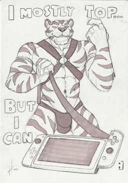 abs anthro armband bottomwear bulge clothing empty_eyes front_view grin harness humor male male_anthro muscular muscular_anthro muscular_male navel o-ring pecs pun smile solo spiked_armband spikes striped_arms striped_legs text underwear hufnaar nintendo nintendo_switch felid mammal pantherine tiger 2017 absurd_res dated english_text hi_res monochrome