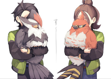 ambiguous_gender beak black_beak black_body black_claws black_clothing black_feathers black_hair black_jacket black_topwear brown_hair carrying_another claws clothed clothing feathers feet female feral fluffy fluffy_feathers green_clothing green_jacket green_topwear grey_body grey_feathers group hair jacket male markings onomatopoeia open_clothing open_jacket open_topwear pupils red_body red_eyes red_feathers red_hair simple_background sound_effects tail tail_feathers talons tan_body tan_skin text toe_claws toes topwear white_background white_body white_eyes white_feathers white_pupils yellow_beak yellow_body yellow_feathers yellow_markings sora_no_maru nintendo pokemon harmony_(pokemon) paxton_(pokemon) generation_4_pokemon generation_6_pokemon human mammal pokemon_(species) staraptor talonflame hi_res japanese_text