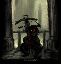 black_border black_hair black_teeth boots border building cleft_lip cloak clothing crossbow detailed_background female footwear hair holding_object holding_weapon horn looking_at_viewer monster_girl_(genre) pillar pupils railing ranged_weapon red_body red_sclera scales shoes shortstack sitting slit_pupils smile smiling_at_viewer solo spider_web teeth weapon wraps yellow_eyes bracketsxxx demon humanoid imp clip_studio_paint_(artwork) digital_media_(artwork) digital_painting_(artwork) painting_(artwork) signature