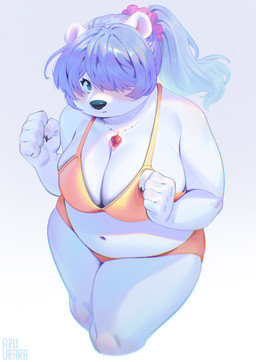 anthro belly big_breasts bikini blue_eyes blush breasts claws cleavage clothed clothing female finger_claws fur hair hair_over_eye jewelry kemono looking_at_viewer navel necklace ponytail simple_background slightly_chubby slightly_chubby_anthro slightly_chubby_female solo swimwear thick_thighs two-piece_swimsuit white_background white_body white_fur white_hair wide_hips yellow_bikini yellow_clothing yellow_swimwear aruurara kurona_shiroi_(onda_seki) bear mammal polar_bear ursine 2022 hi_res signature