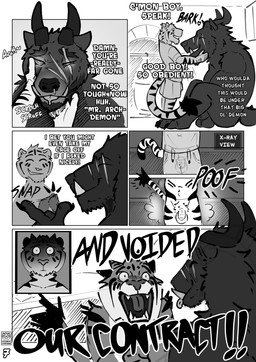 anthro balls barking bdsm bodily_fluids chastity_cage chastity_device chin_scratch clothed clothing dialogue drooling duo eyes_closed facial_scar genitals glowing glowing_eyes half-closed_eyes horn hypnosis larger_male magic male male/male mind_control muscular narrowed_eyes nude open_mouth penis ringed_eyes saliva scar simple_background size_difference smaller_male snap sound_effects submissive sudden_nudity tail teeth text tongue tusks yelling picantetortuga mythology darius_(picantetortuga) juno_(picantetortuga) canid canine demon felid mammal mythological_canine mythological_creature pantherine tiger werecanid werecanine werecreature absurd_res comic digital_media_(artwork) english_text hi_res monochrome