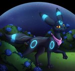 blue_rose evening feral flower flower_in_mouth holding_object male mostly_nude night plant rose_(flower) rose_in_mouth scarf scarf_only shrub solo standing walking titallulah nintendo pokemon zel_(zelgius) eeveelution generation_2_pokemon pokemon_(species) umbreon absurd_res hi_res