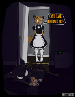 angry anthro bed bedding biped black_nose blanket brown_body brown_nose clock clothed clothing dark_room dialogue digital_clock door door_handle doorway dresser duo electronics fur furniture grey_body grey_fur lying lying_on_bed maid_uniform male multicolored_body multicolored_fur multicolored_tail on_bed orange_body orange_fur orange_tail pillow plushie tail text uniform yellow_text suitedwolfie balthy_(suitedwolfie) k_(suitedwolfie) canid canine canis fox mammal northwestern_wolf red_fox true_fox wolf comic english_text hi_res