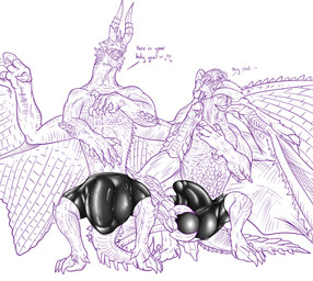 balls big_balls big_bulge big_penis big_tail bottomwear bulge clothed clothing detailed_bulge dialogue duo feral genitals gesture glistening glistening_bottomwear glistening_clothing glistening_shorts glistening_underwear grin grinning_at_viewer grope hand_on_balls hand_on_bulge hand_on_chest hand_on_paw horn huge_balls huge_bulge huge_penis hyper hyper_balls hyper_bulge hyper_genitalia hyper_penis inviting inviting_viewer latex latex_bottomwear latex_clothing latex_shorts latex_underwear licking licking_claws looking_at_viewer male male/male paws penis presenting revealing_outfit seductive self_grope shiny_bulge shorts skimpy smile smiling_at_viewer smirk spread_legs spread_wings spreading standing_upright suggestive suggestive_gesture tail talking_to_viewer teasing text tight_bottomwear tight_bulges tight_clothing tight_shorts tight_underwear tongue underwear wings conditional_dnp samagthrav2 capcom monster_hunter mythology demi_elder dragon gore_magala mythological_creature mythological_scalie scalie shagaru_magala absurd_res detailed english_text hi_res