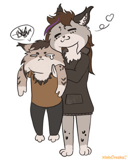 angry anthro black_spots brown_clothing brown_hair brown_shirt brown_t-shirt brown_topwear clothing duo female fur grey_body grey_fur hair male male/female on_hands paws satisfied shirt size_difference spots sweatshirt t-shirt topwear xleb0rezka annet_(xleb0rezka) rocky_(xleb0rezka) felid feline lynx mammal 2022 hi_res