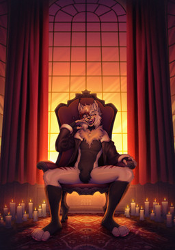 anthro black_body black_clothing black_fur black_jacket black_topwear bottomless brown_hair candle chair cheek_tuft chest_tuft clothed clothing eyewear facial_tuft featureless_crotch front_view fur furniture glasses glistening glistening_eyes glistening_hair grey_body grey_fur hair inside jacket licking licking_lips licking_own_lips male narrowed_eyes on_chair open_mouth red_eyes red_tongue round_glasses short_hair sitting sitting_on_chair solo striped_legs text tongue tongue_out topwear tuft window azuza felid feline lynx mammal 2022 artist_name dated full-length_portrait hi_res portrait