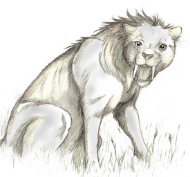 fangs feral grass looking_at_viewer plant quadruped sabertooth_(anatomy) short_fur simple_background solo teeth whisker_spots whiskers white_background eurwentala felid homotherium mammal prehistoric_species saber-toothed_tiger 2009 monochrome sketch
