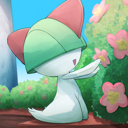 ambiguous_gender ambiguous_humanoid biped blue_sky day featureless_arms featureless_legs flower green_body multicolored_body not_furry outside pink_flower plant red_body shrub side_view sky solo white_body spicyichizo nintendo pokemon generation_3_pokemon humanoid pokemon_(species) ralts 1:1 absurd_res hi_res shaded