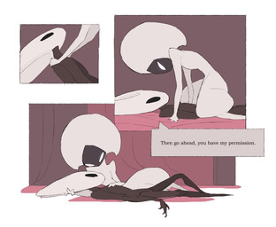 anthro bedroom biped black_body black_eyes border detailed_background dialogue duo empty_eyes explicitly_stated_consent eye_contact female female/female female_anthro female_humanoid hand_on_head hand_on_shoulder humanoid_on_anthro inside kneeling looking_at_another looking_at_partner lying mouthless nude on_back on_side speech_bubble straddling talking_to_another talking_to_partner text white_body white_border white_eyes justdog hollow_knight:_silksong hollow_knight_(franchise) team_cherry hornet_(hollow_knight) lace_(hollow_knight:_silksong) arthropod humanoid 2025 comic digital_drawing_(artwork) digital_media_(artwork) english_text hi_res