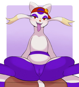 accessory alternate_color alternate_species anthro bedroom_eyes blush clothing eyeshadow female flat_chested fur genitals hat headgear headwear long_neck long_tongue looking_at_viewer makeup multicolored_body narrowed_eyes open_mouth pin_accessory pin_button presenting presenting_vulva purple_background purple_body purple_eyeshadow purple_fur purple_vulva red_clothing red_eyes red_hat red_headwear seductive semi-anthro simple_background sitting solo spread_legs spreading tail teeth tongue tongue_out vulva whiskers white_background white_body white_fur arteficialtrees nintendo pokemon sylvie_(wups) generation_5_pokemon mammal mienshao mustelid musteline pokemon_(species) true_musteline weasel 2026 digital_media_(artwork) hi_res shaded