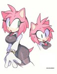 big_breasts bottomwear breasts business_suit businesswear clothing eyelashes female legwear miniskirt pink_body skirt sleeves smile solo stockings suit dynablade2 sega sonic_the_hedgehog_(series) amy_rose eulipotyphlan hedgehog mammal hi_res