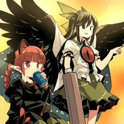 4_ears accessory beverage_can black_hair black_wings bottomwear bow_ribbon braided_hair clothed clothed_female clothed_humanoid clothing dress drinking duo feathered_wings feathers female gesture green_bottomwear green_clothing green_dress green_skirt hair hair_accessory hair_bow hair_ribbon hand_gesture humanoid_pointy_ears long_hair multi_ear open_mouth open_smile pigtails pointing pointy_ears red_eyes red_hair ribbons shirt skirt smile topwear twin_braids white_clothing white_shirt white_topwear wings yudepii touhou rin_kaenbyou utsuho_reiuji animal_humanoid avian avian_humanoid bird bird_humanoid cat_humanoid corvid corvid_humanoid corvus_(genus) corvus_humanoid felid felid_humanoid feline feline_humanoid humanoid mammal mammal_humanoid oscine passerine raven_humanoid winged_humanoid 1:1 2015 hi_res