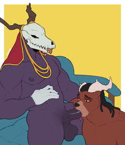 anthro antlers balls black_hair bone brown_body clothing darkened_balls darkened_genitalia darkened_penis dreadlocks duo erection fellatio furniture genital_raphe genitals gloves hair handwear horn male male/male muscular muscular_male nipples oral penile penis purple_balls purple_body purple_nipples purple_penis raphe_(anatomy) red_eyes scrotal_raphe sex simple_background sitting skull skull_head sofa tongue tongue_out vein veiny_penis yellow_background chromamorph the_ancient_magus'_bride elias_ainsworth bear demon humanoid mammal monster 2021 absurd_res hi_res