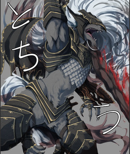 anthro armor fur grey_body grey_fur hair male melee_weapon midriff midriff_top sharp_teeth slashing solo sword teeth warrior weapon white_hair gunka0111 elden_ring fromsoftware maliketh_(elden_ring) monster