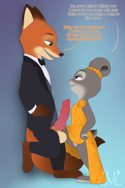 animal_genitalia animal_penis anthro bottomwear canine_genitalia canine_penis clothed clothing dialogue dress duo erection female fur genitals green_eyes grey_body grey_fur humanoid_genitalia humanoid_vulva knot larger_male male male/female open_bottomwear open_clothing open_pants orange_body orange_fur pants penis pinned pinned_to_wall purple_eyes raised_leg size_difference smaller_female suit text vulva jm-luxro disney zootopia judy_hopps nick_wilde canid canine fox lagomorph leporid mammal rabbit 2:3 absurd_res english_text hi_res