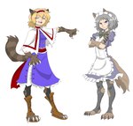 2015 alice_margatroid angry blonde_hair blue_eyes breasts canid canine canis claws clothed clothing comic domestic_cat domestic_dog dress duo felid feline felis female grey_hair hair human human_to_anthro maid_uniform mammal open_mouth sakuya_izayoi short_hair simple_background species_transformation standing thatweirdguyjosh touhou transformation uniform white_background