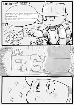 anthro armor backpack blush clothed clothing explorer exploring forest headgear helmet humor jungle male open_clothing open_shirt open_topwear plant shirt sparkles text topwear tree masshiro ambiguous_species comic digital_drawing_(artwork) digital_media_(artwork) english_text hi_res