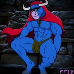 2_horns abs anthro black_mask blue_body blue_eyes blue_fur bulge cloak closed_smile clothing fur green_clothing green_thong green_underwear hooves horn male mask mouth_closed muscular muscular_anthro muscular_male navel nipples red_cloak red_clothing smile solo thong underwear wearing_mask white_horn fabfelipe bovid bovine cattle mammal 1:1 2018 digital_media_(artwork) hi_res