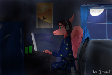 anthro bedroom beverage_can bone_frill clothed clothed_anthro clothed_male clothing electronics feathered_wings feathers fingers frill_(anatomy) green_eyes headphones humanoid_hands inside light looking_at_screen male markings moon moonlight night pajamas poster_(object) red_body red_feathers screen sitting sky smile solo star starry_sky striped_markings stripes text window wings disc_of_kompact devlog:_a_post-modern_college_experience theo_(devlog) prehistoric_species pterosaur reptile scalie 3:2 artist_name colored hi_res shaded