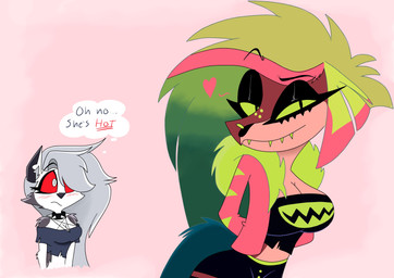 absolute_territory anthro big_breasts black_bottomwear black_clothing black_crop_top black_shirt black_shorts black_topwear blonde_hair bottomwear breasts cleavage clothed clothed_anthro clothed_female clothing coat collar crop_top duo eyelashes female flirting flirting_with_viewer fur green_hair green_sclera green_teeth grey_body grey_fur grey_hair hair hair_over_eye heart_symbol highlights_(coloring) legwear midriff notched_ear pink_background pink_body pink_clothing pink_coat pink_highlights pink_topwear pupils red_sclera shirt shorts simple_background slit_pupils spiked_collar spikes teeth text thigh_highs thought_bubble topwear white_body white_eyes white_fur wide_hips starpaintart hazbin_hotel hellaverse helluva_boss mythology loona_(helluva_boss) zeezi_(hazbin_hotel) canid canid_demon canine demon dinosaur hellhound mammal mythological_canine mythological_creature prehistoric_species reptile scalie 2024 absurd_res english_text hi_res