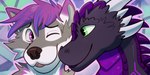 anthro duo green_eyes male male/male purple_body purple_eyes harlem mythology canid canine canis dragon mammal mythological_creature mythological_scalie scalie wolf 2:1