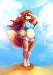 anthro ball breasts cleavage clothed clothing cloud day female midriff pregnant pregnant_anthro pregnant_female sand sky solo lovelysweeat mckaylah australian_shepherd canid canine canis domestic_dog herding_dog mammal pastoral_dog sheepdog hi_res