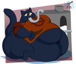 anthro belly belly_expansion belly_rolls big_belly breasts clothed clothing dark_body dark_fur expansion female filling_up fur hair hand_on_belly hose hose_in_mouth hyper markings milk milk_tank morbidly_obese navel obese overweight red_eyes simple_background sitting sitting_on_ground solo tail tube_in_mouth whisker_markings worried yellow_sclera plumpproductions night_in_the_woods mae_borowski domestic_cat felid feline felis mammal cel_shading digital_drawing_(artwork) digital_media_(artwork) hi_res shaded watermark