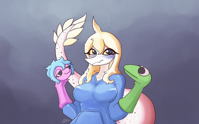 anthro big_breasts black_eyes blonde_hair blue_clothing blue_hoodie blue_topwear breasts clothed clothed_anthro clothed_female clothing feathered_tail feathers female freckled_face freckled_tail freckles front_view grey_background hair hoodie long_hair looking_at_viewer non-mammal_breasts puppet simple_background smile solo tail tan_body tan_feathers text topwear white_body yellow_sclera alexsavenije cavemanon_studios puppet_pals snoot_game fan_character judee dinosaur prehistoric_species reptile saurischian scalie theropod troodon troodontid absurd_res artist_name colored half-length_portrait hi_res portrait shaded