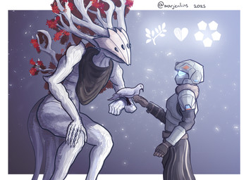 armor clothed clothing crouching duo female feral fully_clothed headgear heart_symbol helmet kerchief looking_at_another male male/female multi_eye plant reaching red_leaves simple_background standing tree white_body warjenkins endless_space_2 avian bird columbid dove elemental_creature elemental_humanoid flora_fauna human humanoid mammal plant_humanoid treant tree_humanoid unfallen 2025 absurd_res digital_media_(artwork) hi_res signature