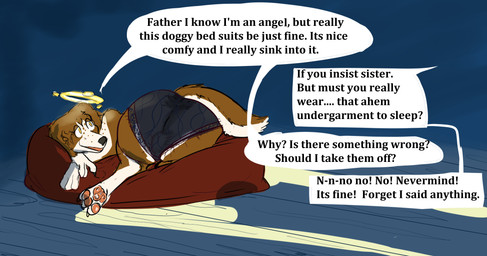animal_genitalia animal_vulva big_butt butt canine_genitalia canine_vulva clothing curled_up dialogue dog_bed feet female feral freckles genitals halo hindpaw lace_panties lingerie_on_feral offscreen_character panties pawpads paws pet_bed solo speech_bubble teasing translucent translucent_clothing translucent_underwear underwear vulva dogabbey waverly_(dogabbey) angel canid canine canis domestic_dog mammal hi_res