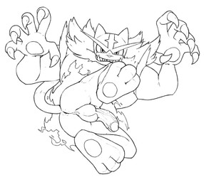 anthro anus balls butt claws feet fire fur genitals looking_at_viewer male muscular muscular_anthro muscular_male nude penis simple_background solo teeth vein veiny_penis white_background rukamiwolf nintendo pokemon felid generation_7_pokemon incineroar mammal pokemon_(species) aliasing digital_media_(artwork) hi_res monochrome