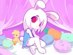 anthro big_eyes blue_nightgown clothing female fur hair nightgown pupils red_pupils solo white_body white_fur young young_anthro young_female starbirbz carrots_(starbirbz) lagomorph leporid mammal rabbit 2020 absurd_res digital_media_(artwork) hi_res