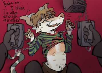 anthro blush bodily_fluids clothed clothing defibrillator duo electrostimulation first_person_view forced male medical_instrument multi_nipple nipples offscreen_character open_mouth questionable_consent roombick scientific_instrument simple_background tail tears text torture civet mammal viverrid digital_media_(artwork) english_text