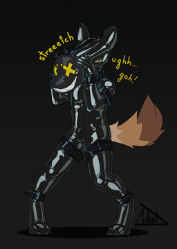 anthro black_clothing black_goo black_latex black_skinsuit bracelet brown_body brown_fur clothing crotch_zipper feet fur grunting headgear headwear hood jewelry latex latex_clothing latex_headwear latex_hood latex_skinsuit male mask pulling_mask simple_background skinsuit solo sound_effects struggling tail text tight_clothing lukst karr_(lukst) canid canine canis domestic_dog living_latex mammal english_text full-length_portrait hi_res portrait