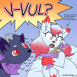 ambiguous_gender blue_body blue_ears blue_fur blue_hair bob_cut clothing dark_body dark_ears dark_fur dark_hair dipstick_ears duo ear_markings feral fur gradient_hair grey_hair hair leg_markings markings multicolored_body multicolored_ears multicolored_fur multicolored_hair onomatopoeia open_mouth purple_clothing quadruped red_body red_ear_tips red_ears red_eyes red_fur red_hair socks_(marking) sound_effects surprised text two_tone_body two_tone_ears two_tone_fur two_tone_hair white_body white_ears white_fur white_hair yellow_eyes motherlatias nintendo pokemon pokemon_mystery_dungeon spike_chunsoft heather_(motherlatias) rena_(motherlatias) alolan_form alolan_vulpix generation_5_pokemon generation_7_pokemon pokemon_(species) regional_form_(pokemon) zorua 1:1 2024 english_text watermark