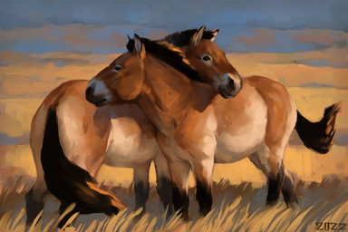 ambiguous_feral ambiguous_gender black_hair black_legs brown_body brown_fur cream_underbelly duo feral fur grass hair leg_markings markings plant quadruped socks_(marking) steppe stocky alexpahomov equid equine mammal przewalski's_horse wild_horse 2022
