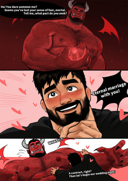 2_horns abs beard duo facial_hair fangs horn male male/male muscular muscular_humanoid muscular_male nipples pecs red_body red_skin size_difference teeth dopq demon human humanoid mammal hi_res