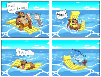 anthro clothing countershading flotation_device looking_pleasured male muscular muscular_male nipple_piercing nipples outside piercing pool_float pool_toy ring_piercing sea sharp_teeth smile solo sucked_silly sudden surprised swimming swimming_trunks swimwear teeth water waterscape diskwuzting aquatic fish hyena mammal shark 2022 digital_drawing_(artwork) digital_media_(artwork)