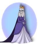 anthro belly big_belly blue_eyes clothing crown dress female fur gown grey_body grey_fur hair headgear holding_belly pregnant purple_clothing purple_dress queen royalty simple_background solo white_hair hatarla alexis_watterson_(rubythepinkdragon) lagomorph leporid mammal rabbit mother_(lore) parent_(lore)