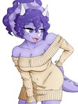 anthro biped breasts clothed clothed_anthro clothed_female clothing eyebrows female fingers freckled_shoulders freckles front_view hair hand_on_butt head_turned horn humanoid_hands leaning leaning_forward long_hair looking_aside markings navel non-mammal_breasts open_mouth open_smile purple_body purple_eyes purple_hair purple_scales raised_eyebrows scales seductive simple_background smile solo spots spotted_markings standing tail tan_clothing tan_sweater tan_topwear teasing tongue topwear white_background diegochirinos20 cavemanon_studios snoot_game sera_(snoot_game) ceratopsian dinosaur ornithischian prehistoric_species reptile scalie triceratops 2024 3:4 colored hi_res portrait signature three-quarter_portrait