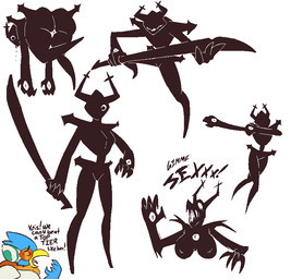 anthro big_butt bodily_fluids breasts butt dabbing dialogue drooling faceless_character female floating genitals holding_melee_weapon holding_object holding_weapon looking_at_viewer looking_back male melee_weapon open_mouth roaring saliva text threatening vulva weapon signirsol deltarune undertale_(series) berdly roaring_knight avian bird deer humanoid mammal shadow_creature english_text meme