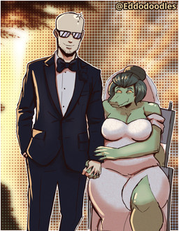 anthro bald beard big_breasts black_bottomwear black_clothing black_pants black_suit_jacket blurred_background bottomwear breasts canon_couple chair clothed clothed_anthro clothed_female clothed_human clothed_male clothing digit_ring dress duo eyewear facial_hair female fingers front_view furniture glistening glistening_head green_hair grey_eyes hair hand_holding hand_in_pocket happy human_on_anthro humanoid_hands interspecies jewelry long_hair looking_at_another looking_up male male/female non-mammal_breasts pants pockets ring romantic romantic_couple sitting smile standing sunglasses text thick_thighs wedding_dress wedding_ring wedding_veil white_clothing white_dress wide_hips yellow_sclera eddodoodle cavemanon_studios i_wani_hug_that_gator inco_(iwhtg) olivia_halford baryonyx dinosaur human mammal prehistoric_species reptile saurischian scalie spinosaurid theropod absurd_res artist_name colored hi_res