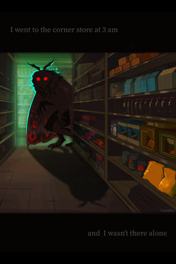ambiguous_gender black_body bottle box cereal_box container floor glowing glowing_eyes insect_wings inside jar lepidopteran_wings moth_antennae red_eyes shelf solo text tile tile_floor wings lindsay_pearson mothman animal_humanoid arthropod arthropod_humanoid cryptid humanoid insect insect_humanoid lepidopteran lepidopteran_humanoid moth_humanoid artist_name english_text hi_res