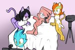 anthro balls bed big_breasts big_penis blue_body breasts camera electronics female furniture genitals group gynomorph intersex looking_at_object looking_at_phone male nude penis phone pink_body yellow_body fours_(artist) sega sonic_the_hedgehog_(series) fan_character jessie_the_cat shank_the_rabbit skitter_the_gecko stacey_the_cheetah cheetah domestic_cat felid feline felis gecko lagomorph leporid lizard mammal rabbit reptile scalie 2024 3:2 hi_res