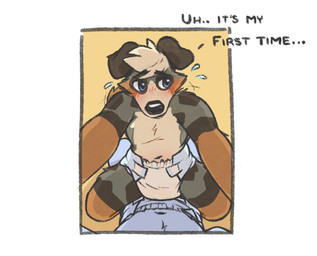 anthro black_nose blonde_hair blue_eyes blush blush_lines bodily_fluids border brown_body brown_fur button_ears clothed clothing dialogue diaper diaper_only duo first_person_view floppy_ears fur genital_fluids hair inexperienced kneeling looking_aside lying male male_on_top mottled mottled_body mottled_fur multicolored_body multicolored_fur on_back on_top orange_body orange_fur piebald piebald_body piebald_fur shy simple_background solo_focus straddling tail tail_motion tailwag tan_background tan_body tan_fur text topless unclean_diaper urine used_diaper wearing_diaper wet_diaper white_border cookiebandit anthro_anon casper_(cookiebandit) canid canine canis domestic_dog mammal 2024 colored english_text