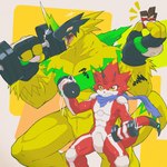 abs anthro armor biceps codpiece dumbbell duo exercise headgear helmet male muscular muscular_anthro muscular_male pecs red_body weightlifting weights workout yellow_body kubota_keita bandai_namco digimon digimon_ghost_game betelgammamon bulkmon digimon_(species) 1:1 hi_res