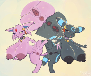 anthro anus areola bell bell_collar big_areola big_breasts big_nipples black_body breasts clitoris collar duo ear_clip female female/female gaping gaping_vagina genitals huge_areola huge_breasts huge_nipples humanoid_genitalia humanoid_vulva loose_anus nipples pink_body pokemorph presenting presenting_anus presenting_vulva raised_leg shortstack shortstack_female spread_anus spread_legs spread_vulva spreading vulva goldenyuusha nintendo pokemon eeveelution espeon generation_2_pokemon pokemon_(species) shiny_pokemon umbreon hi_res
