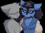 alpha_channel anthro blue_body blue_eyes blue_fur breasts canid canine cleavage clothed clothing duo eyeliner female finger_over_mouth fluffy fur generation_4_pokemon hat headgear headwear hi_res hoodie j0lt lucario makeup male male/female mammal medium_breasts nervous nervous_sweat nintendo please_be_patient_i_have_autism pokemon pokemon_(species) shush sonofan topwear tuft ych_(character)